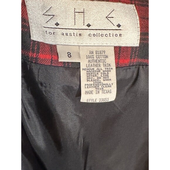 S.H.E. Southwestern Red Black Plaid Cotton Long Skirt Women’s 8 Leather Trim  C5 - Picture 4 of 10